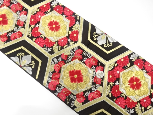 JAPANESE KIMONO / ANTIQUE FUKURO OBI / SILK / WOVEN KIKKO & KIKU & PAULOWNIA